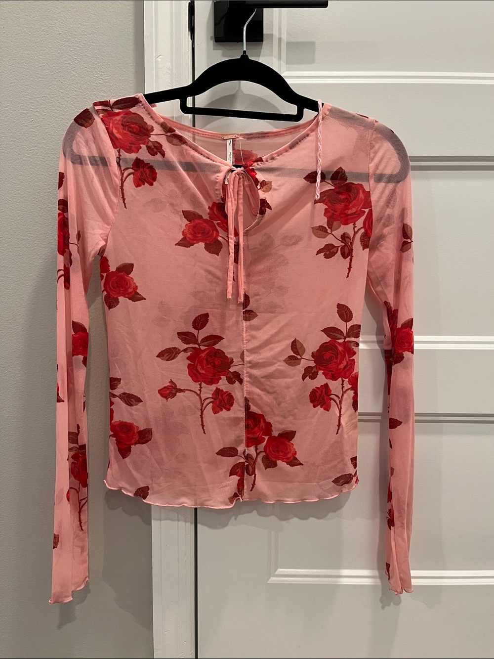 NWOT Free People Sheer Pink Floral Long-Sleeve Tie-Front Top size XS